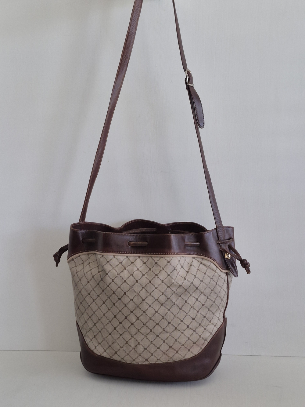 Bally Beige Monogram Canvas and Bordeaux  Wine Leather Trim Bucket  Shoulder Bag